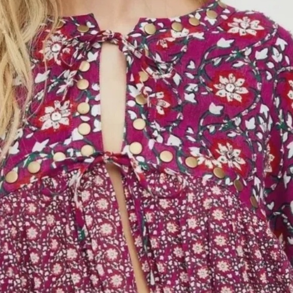 Free People Malia Embellished Printed Baby Doll Jacket Top Dark Red Medium - Picture 14 of 15